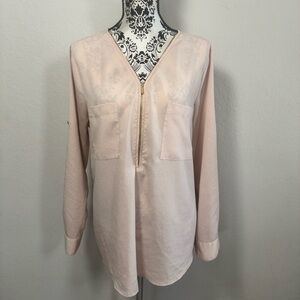 Calvin Klein Women’s Blouse Size XL Roll Tab Sleeves Zip Pockets Peach